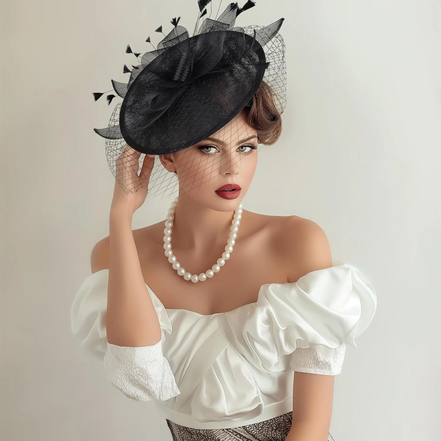 Fascinator Hats for Women Tea Party Hats and Gloves Pearl Jewelry Set Derby Hat for Cocktail Wedding