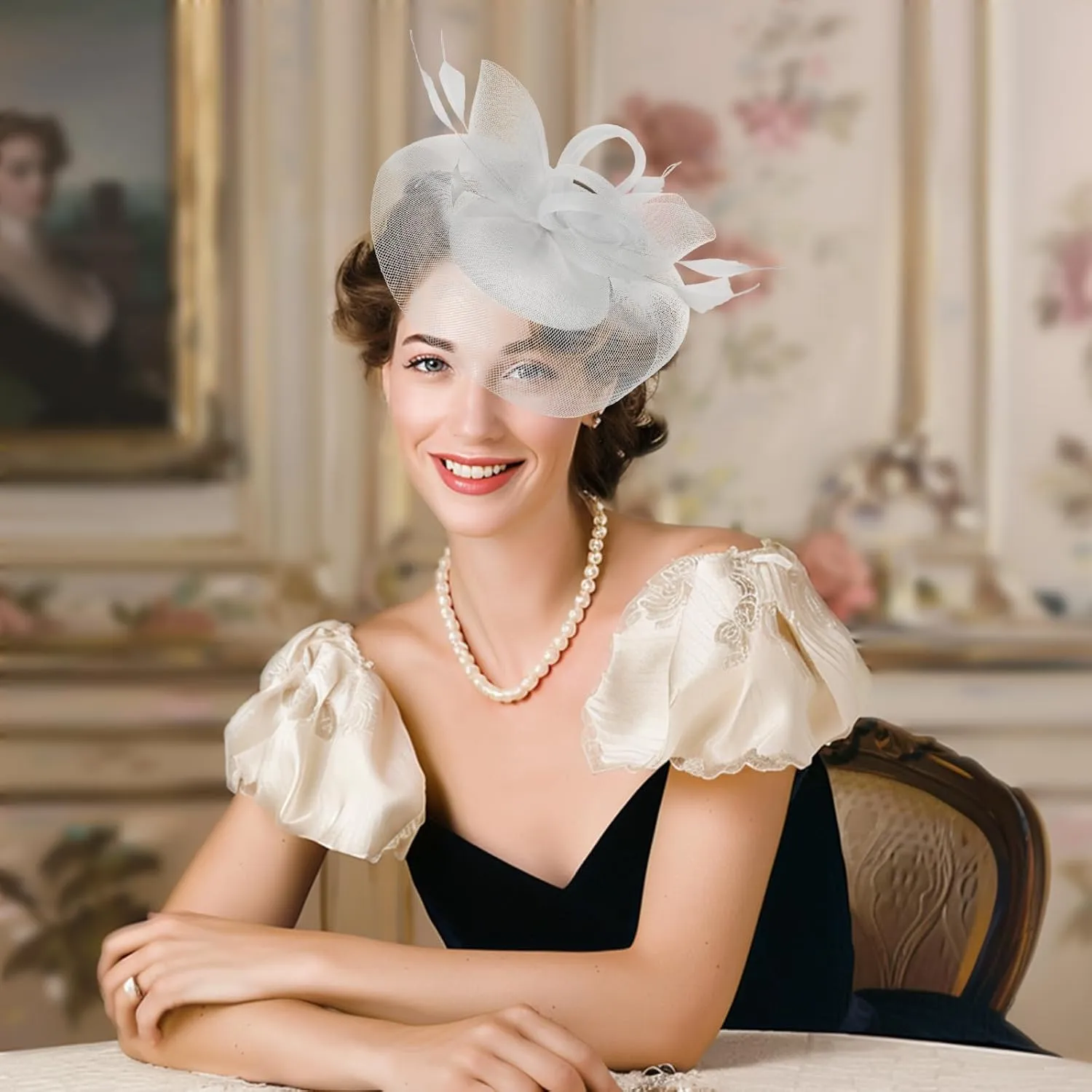 Fascinator Hats for Women Tea Party Hats and Gloves Pearl Jewelry Set Derby Hat for Cocktail Wedding