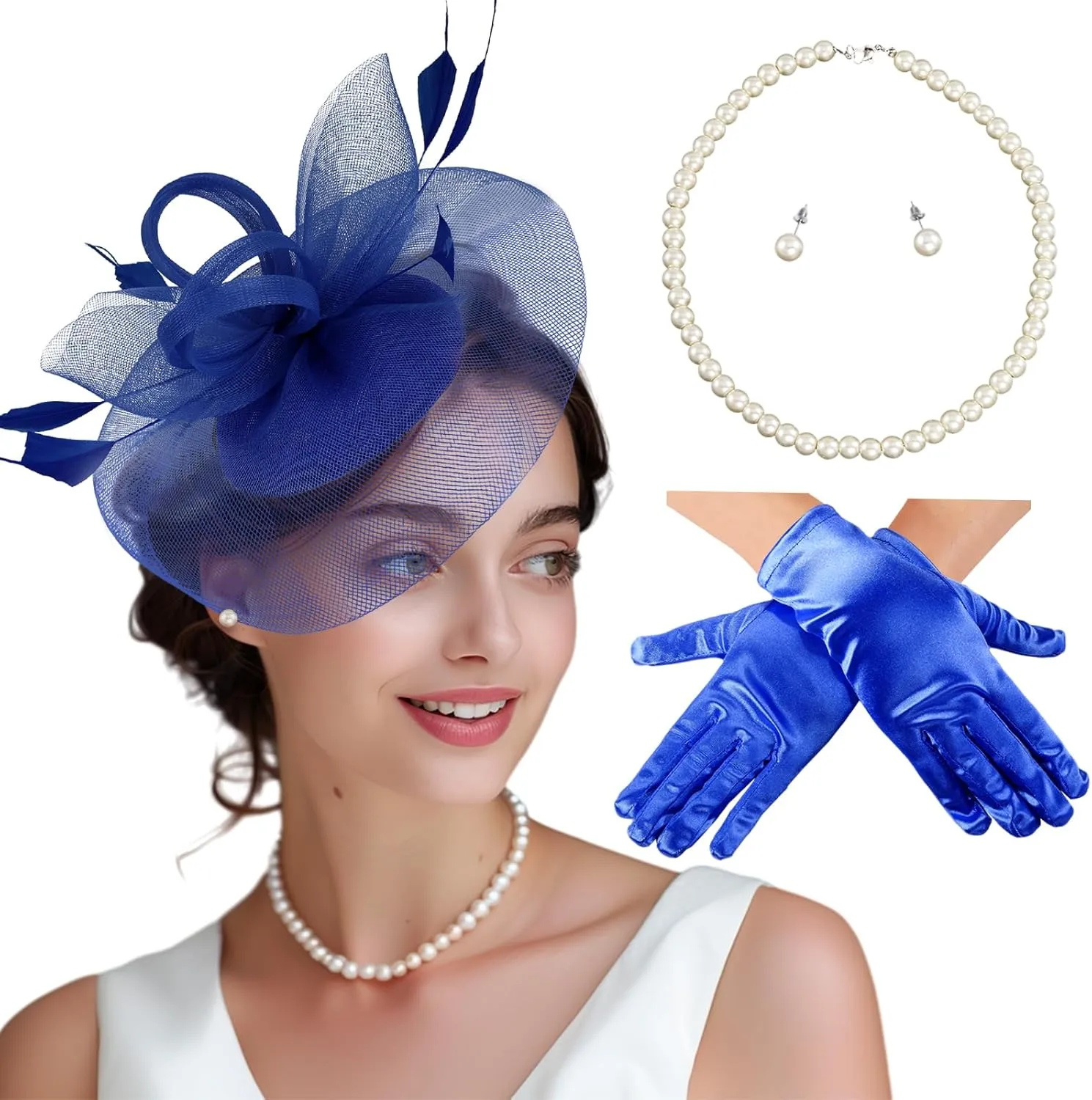 Fascinator Hats for Women Tea Party Hats and Gloves Pearl Jewelry Set Derby Hat for Cocktail Wedding
