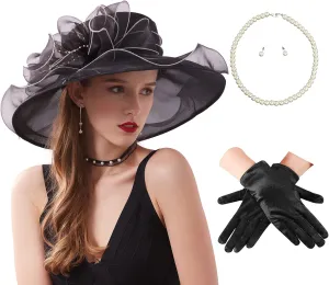 Fascinator Hats for Women Tea Party Hats and Gloves Pearl Jewelry Set Derby Hat for Cocktail Wedding