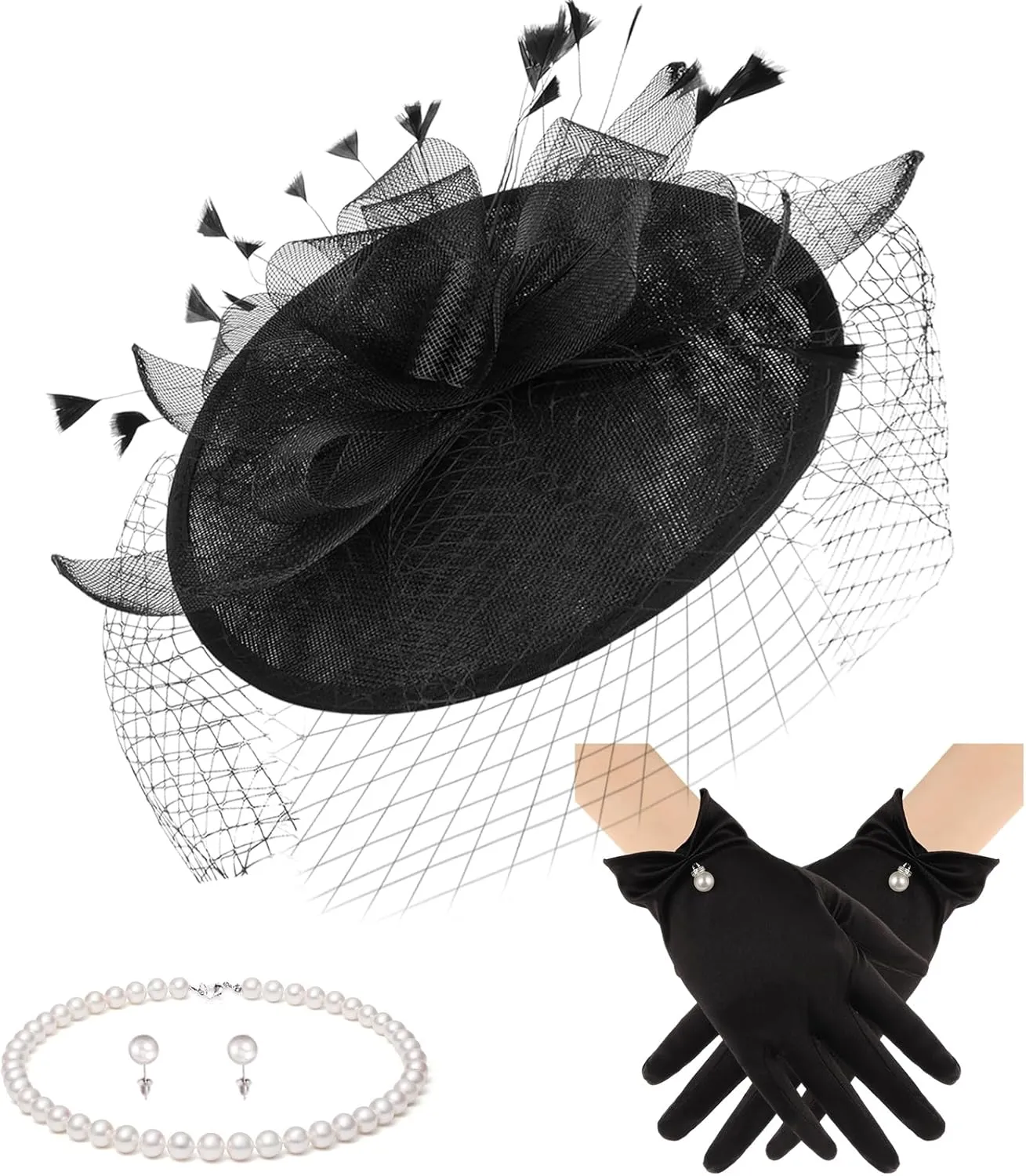 Fascinator Hats for Women Tea Party Hats and Gloves Pearl Jewelry Set Derby Hat for Cocktail Wedding
