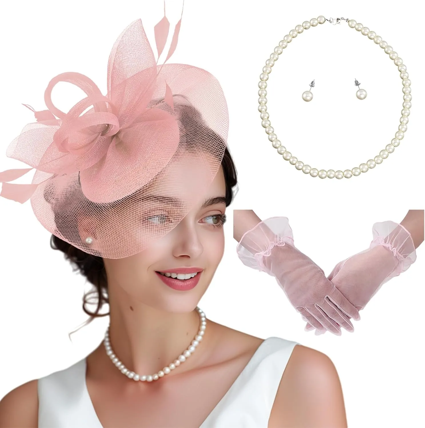 Fascinator Hats for Women Tea Party Hats and Gloves Pearl Jewelry Set Derby Hat for Cocktail Wedding