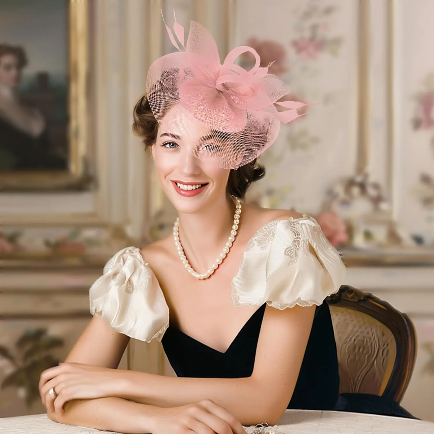Fascinator Hats for Women Tea Party Hats and Gloves Pearl Jewelry Set Derby Hat for Cocktail Wedding