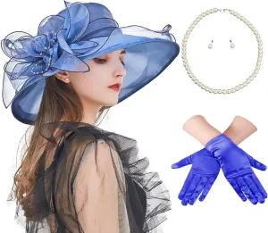 Fascinator Hats for Women Tea Party Hats and Gloves Pearl Jewelry Set Derby Hat for Cocktail Wedding