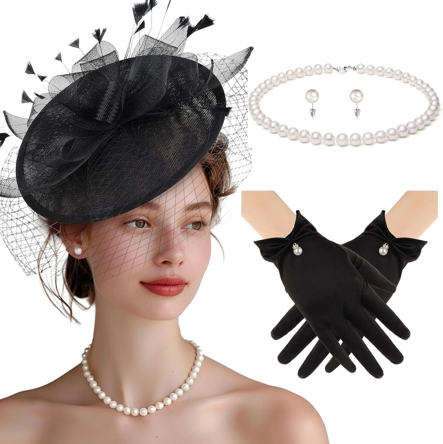 Fascinator Hats for Women Tea Party Hats and Gloves Pearl Jewelry Set Derby Hat for Cocktail Wedding