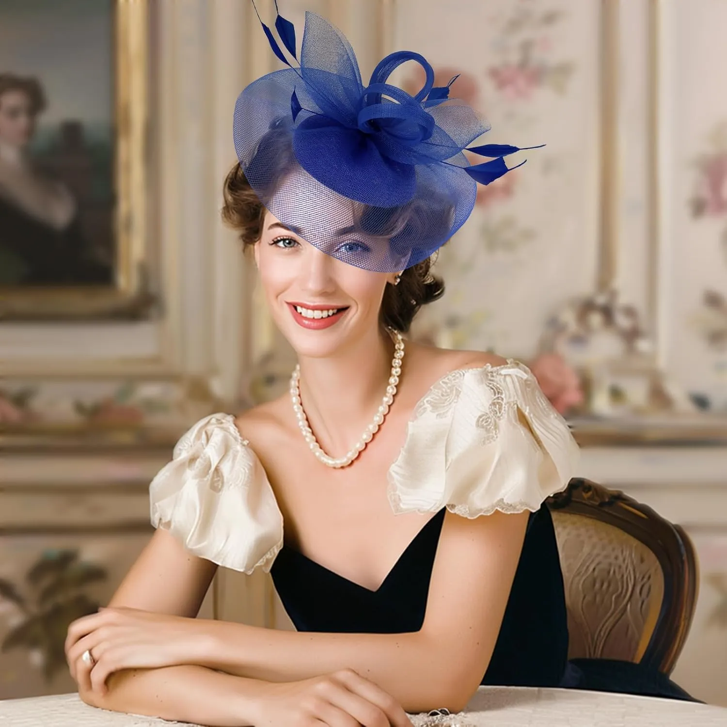 Fascinator Hats for Women Tea Party Hats and Gloves Pearl Jewelry Set Derby Hat for Cocktail Wedding