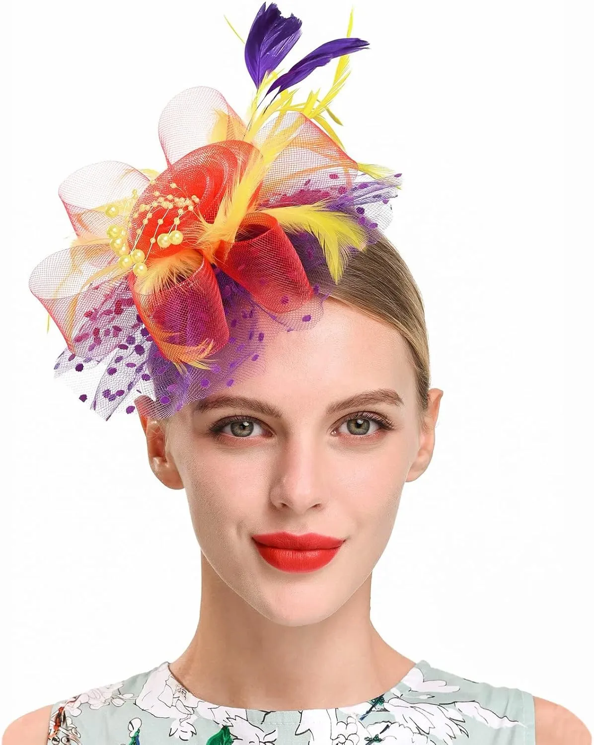 Fascinators for Womens Tea Party Headband Kentucky Hats Cocktail Mesh Feathers Derby Headwear Hair Clip for Wedding