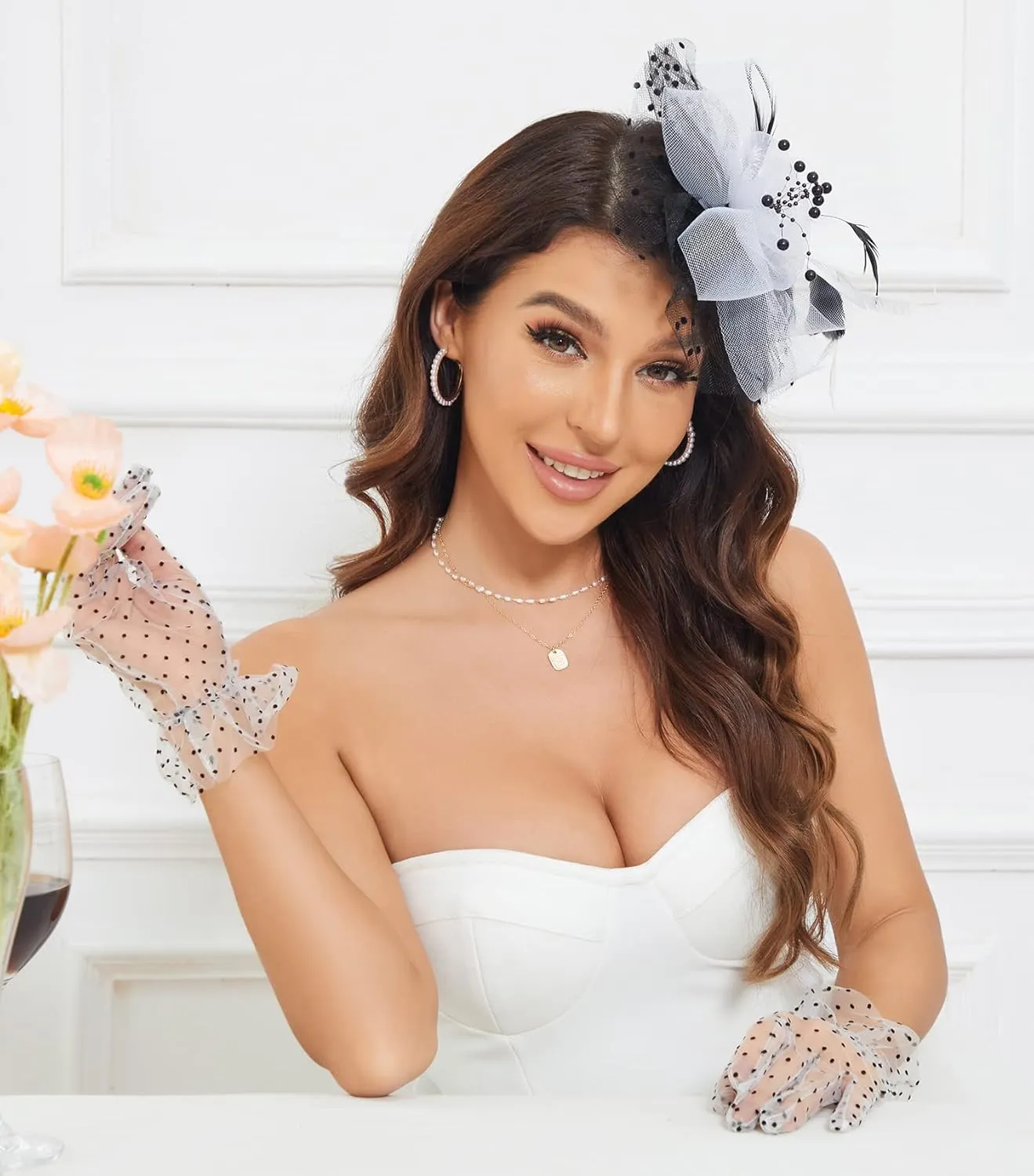 Fascinators Hat Clip Hat Wedding Cocktail Tea Party Headwear and Short Lace Bowknot Gloves for Women