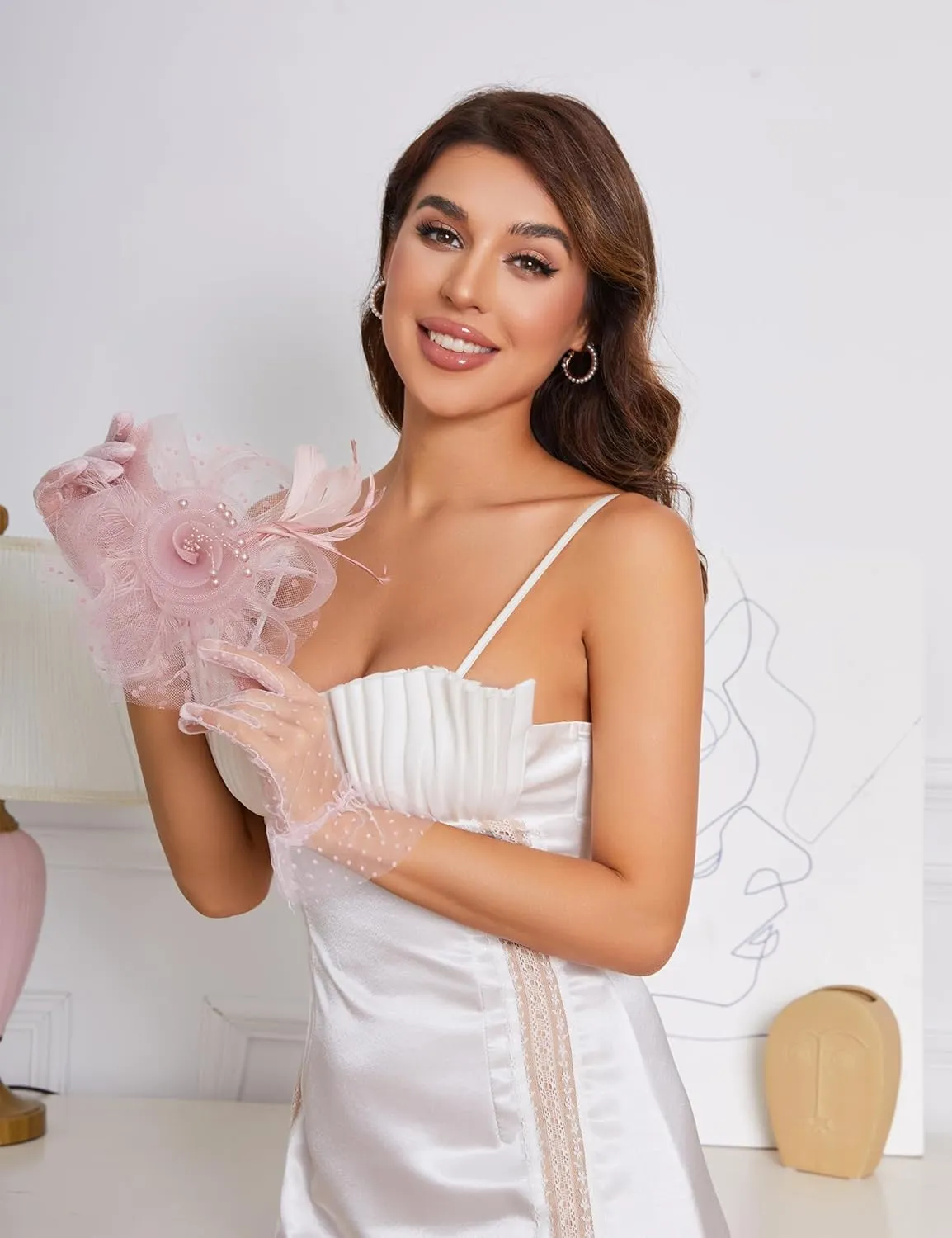 Fascinators Hat Clip Hat Wedding Cocktail Tea Party Headwear and Short Lace Bowknot Gloves for Women