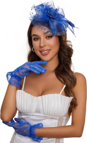Fascinators Hat Clip Hat Wedding Cocktail Tea Party Headwear and Short Lace Bowknot Gloves for Women