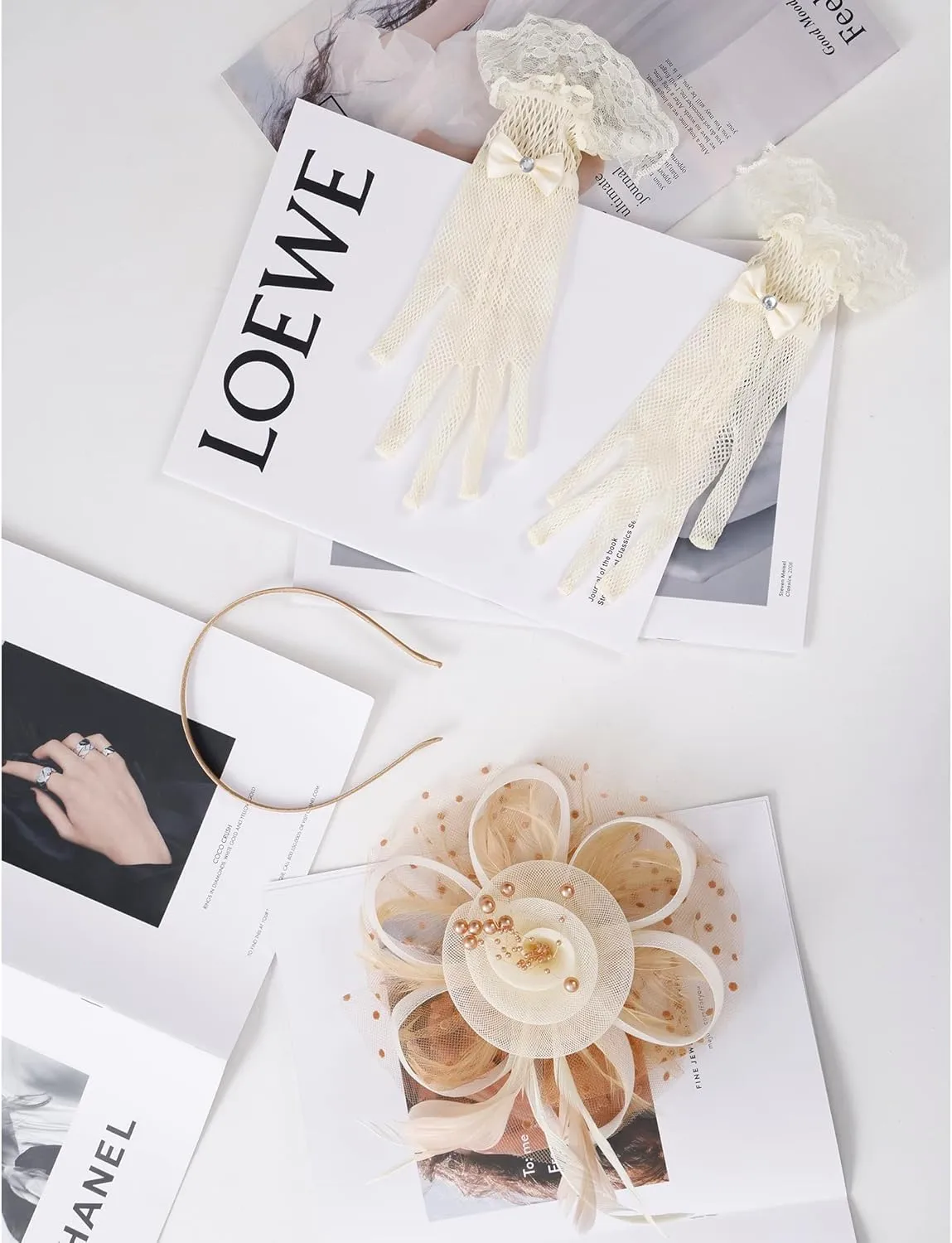 Fascinators Hat Clip Hat Wedding Cocktail Tea Party Headwear and Short Lace Bowknot Gloves for Women