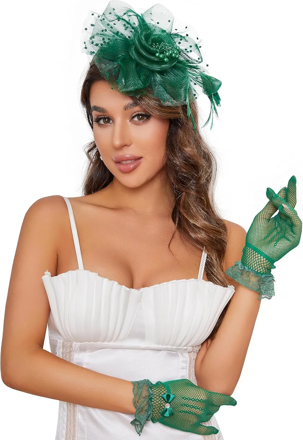 Fascinators Hat Clip Hat Wedding Cocktail Tea Party Headwear and Short Lace Bowknot Gloves for Women
