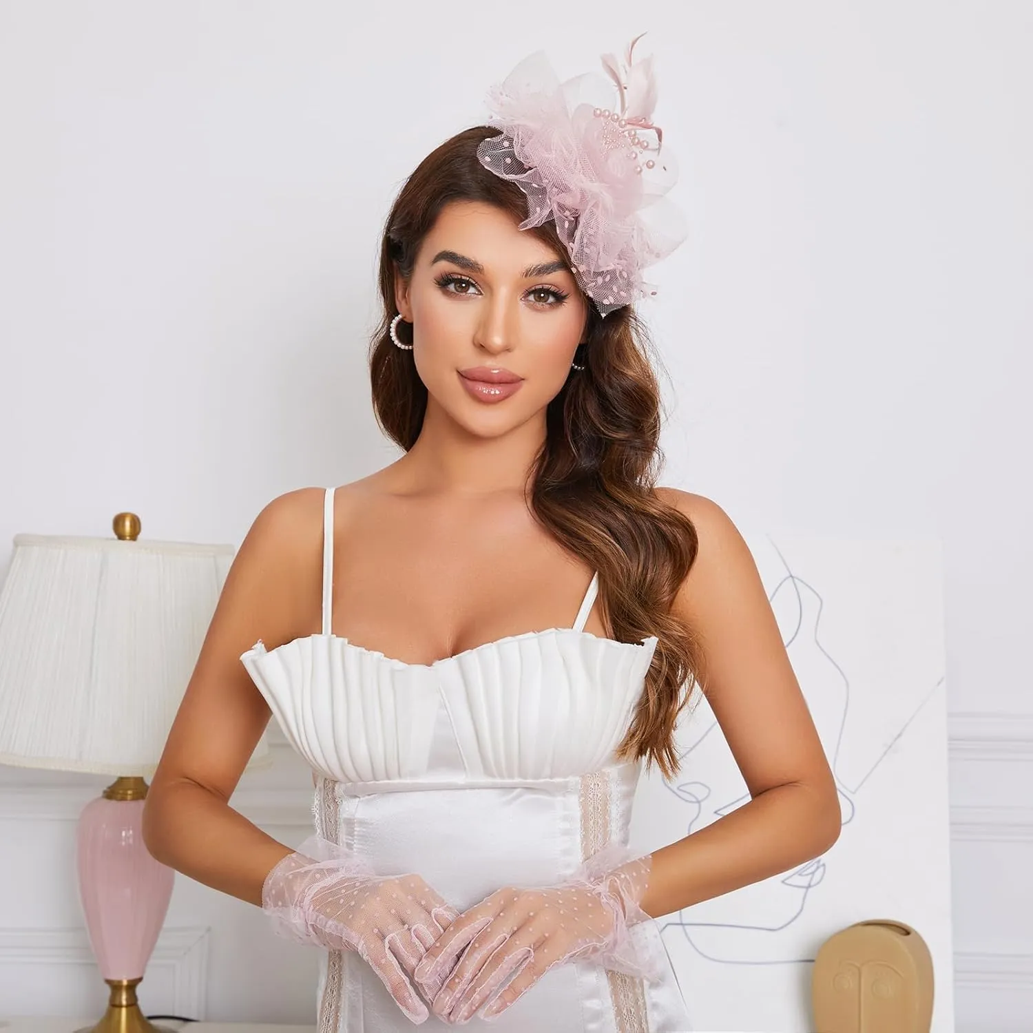 Fascinators Hat Clip Hat Wedding Cocktail Tea Party Headwear and Short Lace Bowknot Gloves for Women