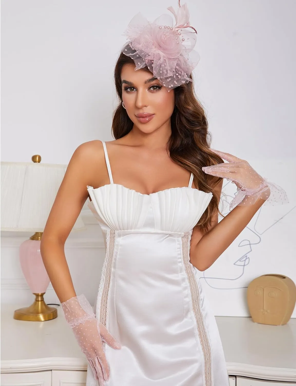 Fascinators Hat Clip Hat Wedding Cocktail Tea Party Headwear and Short Lace Bowknot Gloves for Women