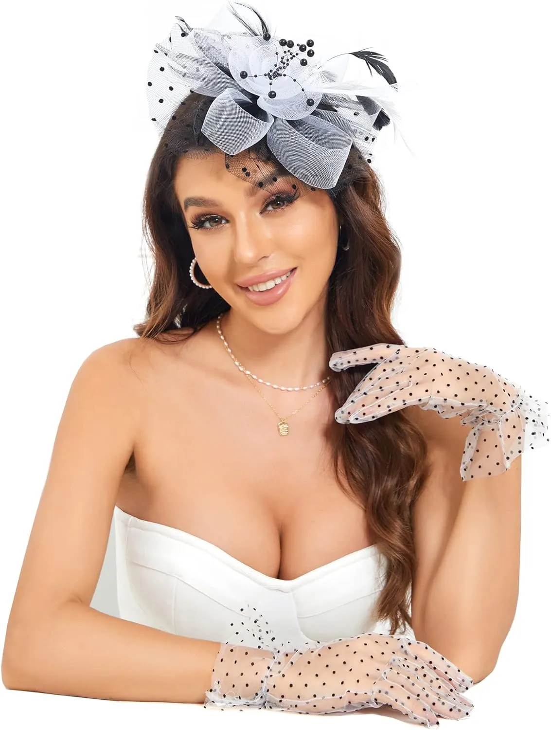 Fascinators Hat Clip Hat Wedding Cocktail Tea Party Headwear and Short Lace Bowknot Gloves for Women