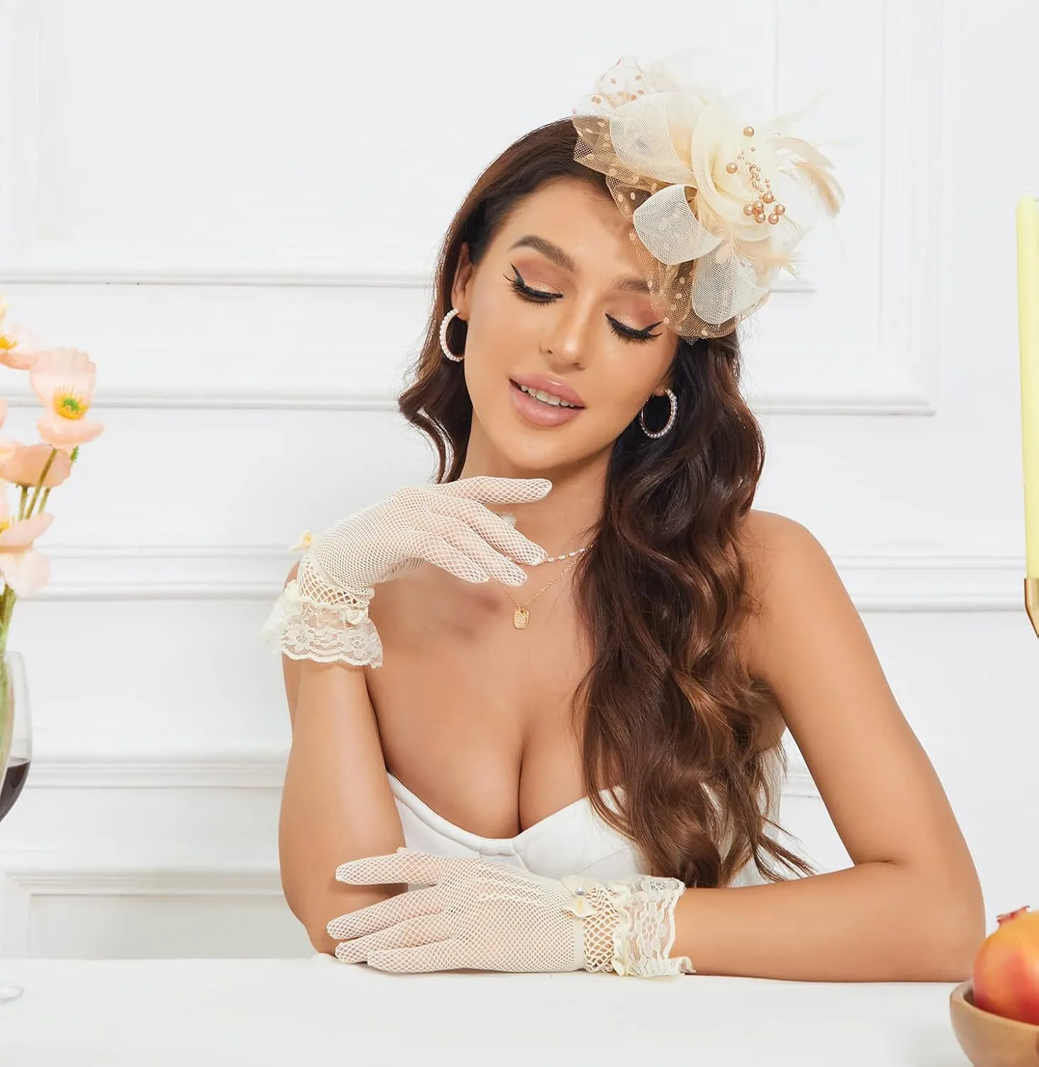 Fascinators Hat Clip Hat Wedding Cocktail Tea Party Headwear and Short Lace Bowknot Gloves for Women