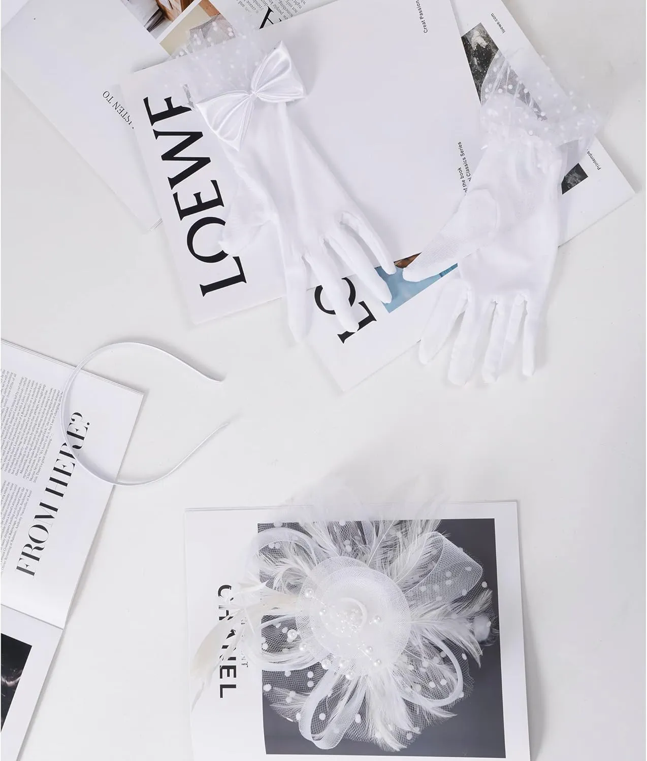 Fascinators Hat Clip Hat Wedding Cocktail Tea Party Headwear and Short Lace Bowknot Gloves for Women