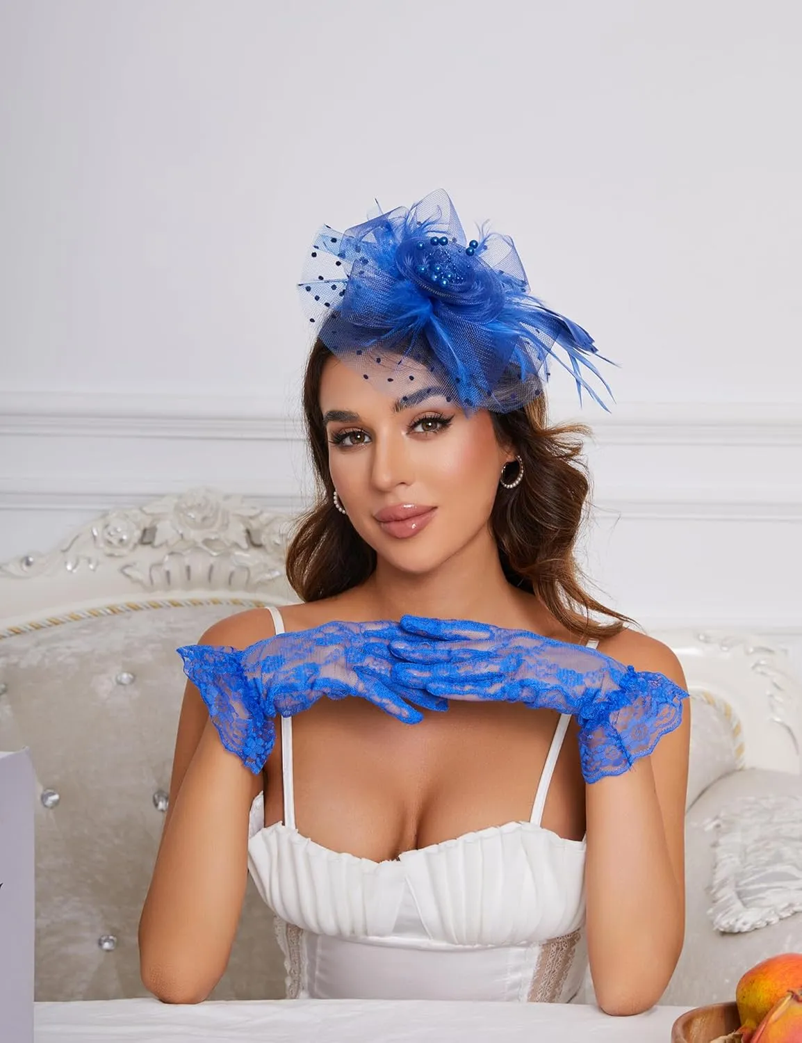 Fascinators Hat Clip Hat Wedding Cocktail Tea Party Headwear and Short Lace Bowknot Gloves for Women