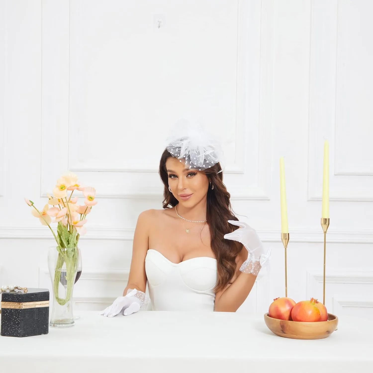 Fascinators Hat Clip Hat Wedding Cocktail Tea Party Headwear and Short Lace Bowknot Gloves for Women