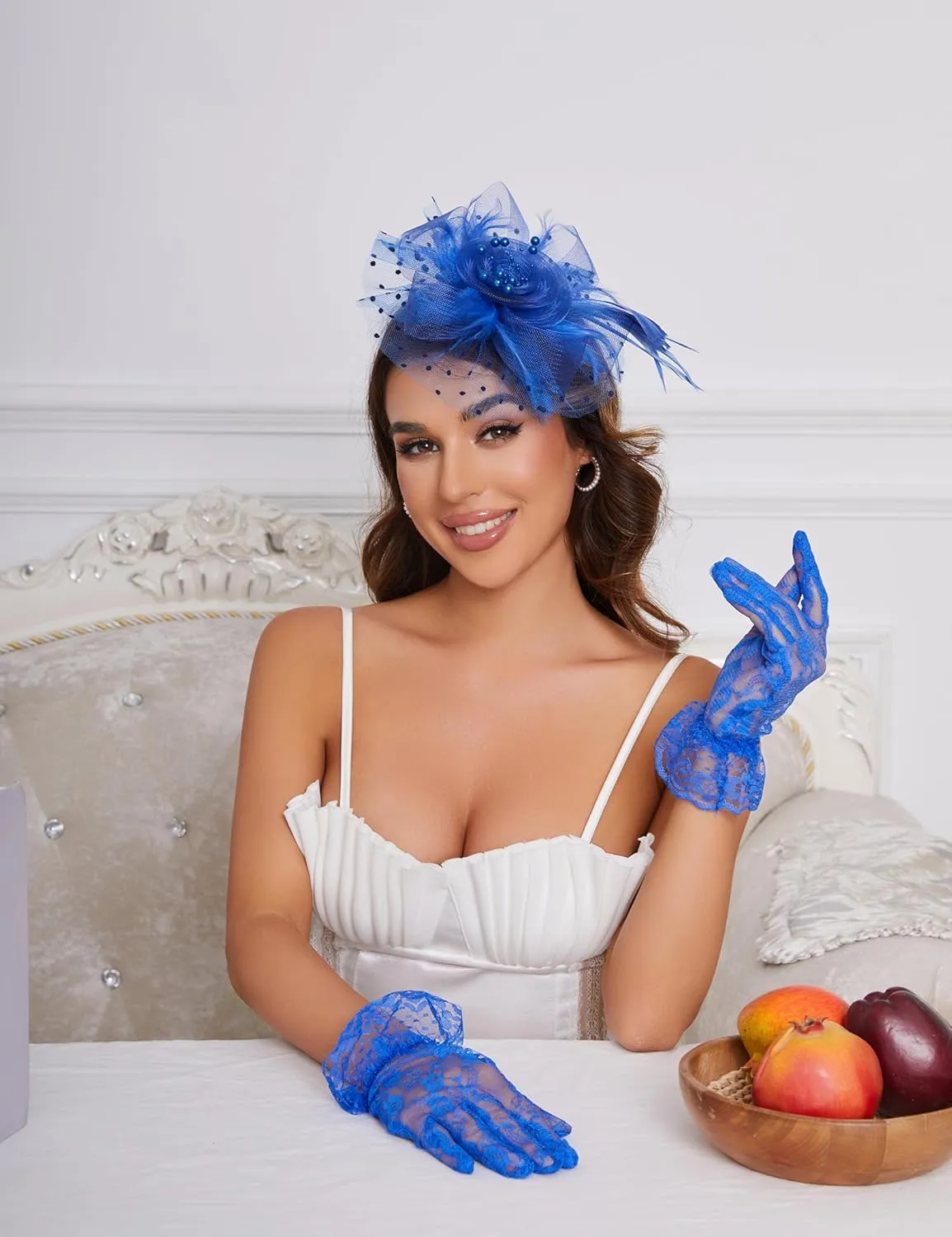 Fascinators Hat Clip Hat Wedding Cocktail Tea Party Headwear and Short Lace Bowknot Gloves for Women