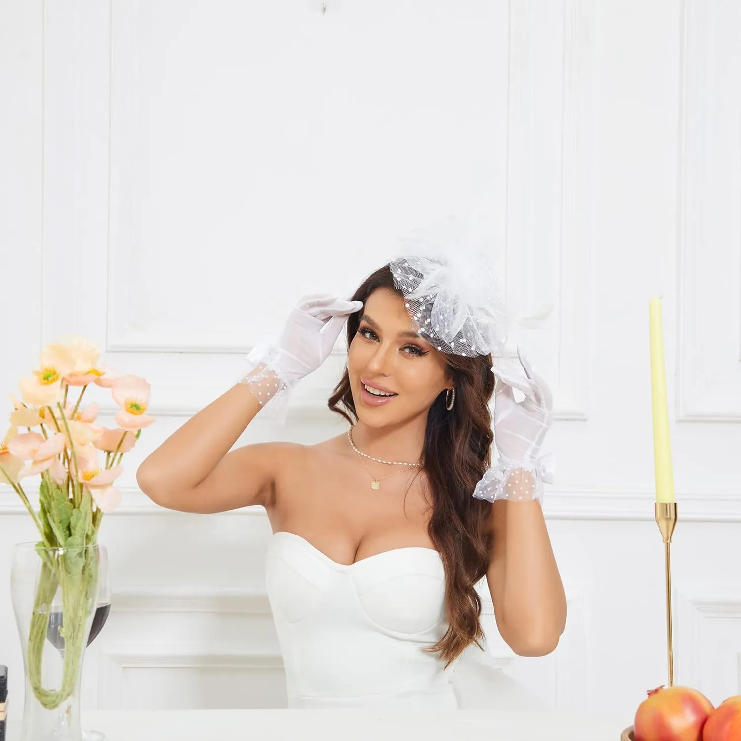 Fascinators Hat Clip Hat Wedding Cocktail Tea Party Headwear and Short Lace Bowknot Gloves for Women