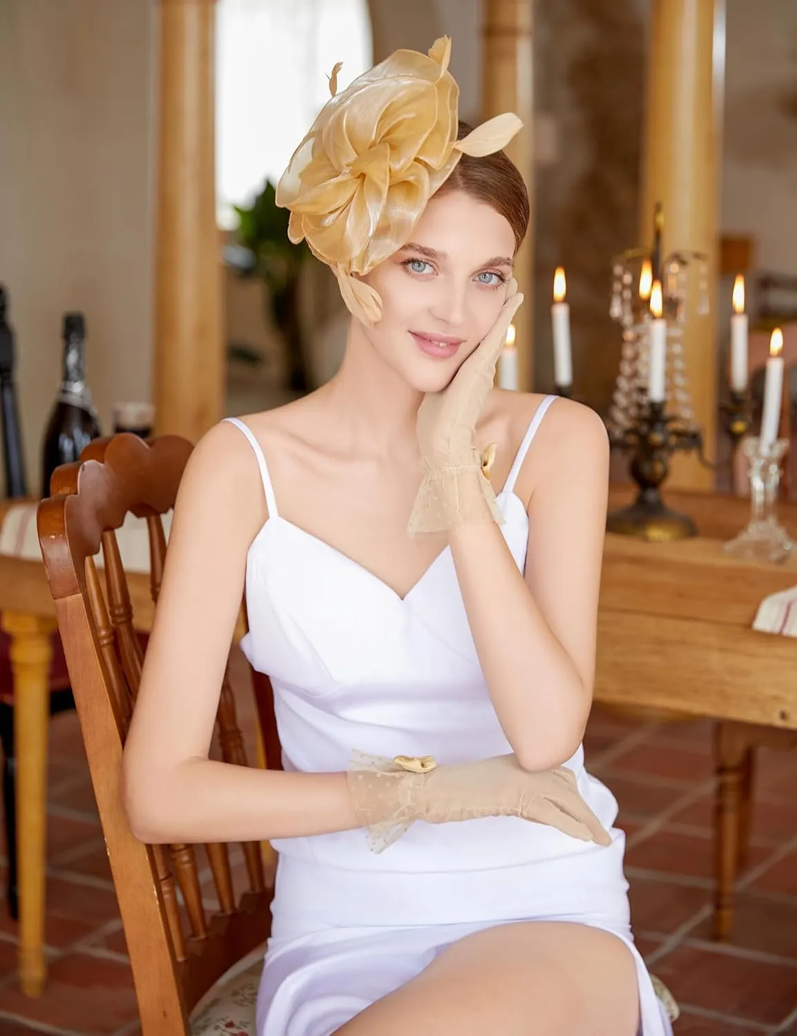 Fascinators Hat Flower Mesh Feathers Headband Derby Hat Clip Tea Party Headwear and Lace Gloves with Bows for Women