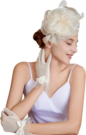 Fascinators Hat Flower Mesh Feathers Headband Derby Hat Clip Tea Party Headwear and Lace Gloves with Bows for Women