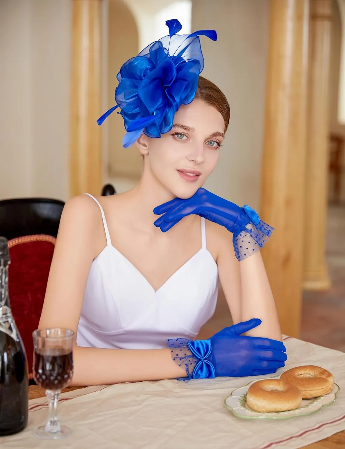 Fascinators Hat Flower Mesh Feathers Headband Derby Hat Clip Tea Party Headwear and Lace Gloves with Bows for Women
