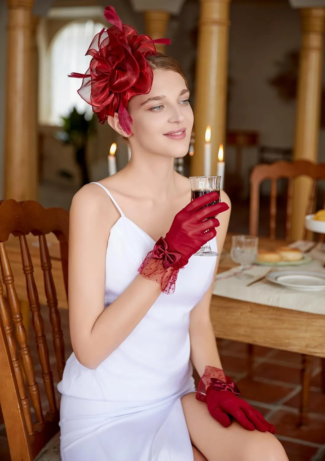 Fascinators Hat Flower Mesh Feathers Headband Derby Hat Clip Tea Party Headwear and Lace Gloves with Bows for Women
