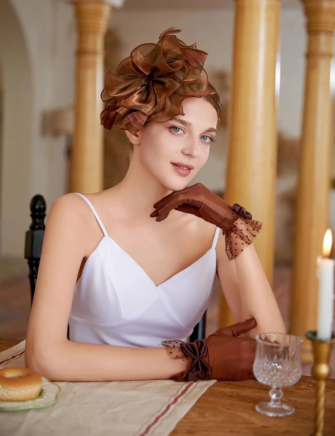 Fascinators Hat Flower Mesh Feathers Headband Derby Hat Clip Tea Party Headwear and Lace Gloves with Bows for Women