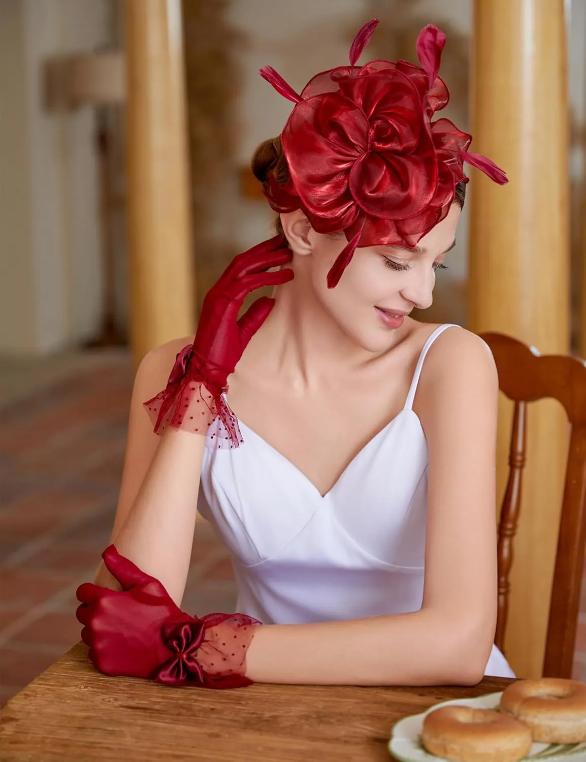 Fascinators Hat Flower Mesh Feathers Headband Derby Hat Clip Tea Party Headwear and Lace Gloves with Bows for Women