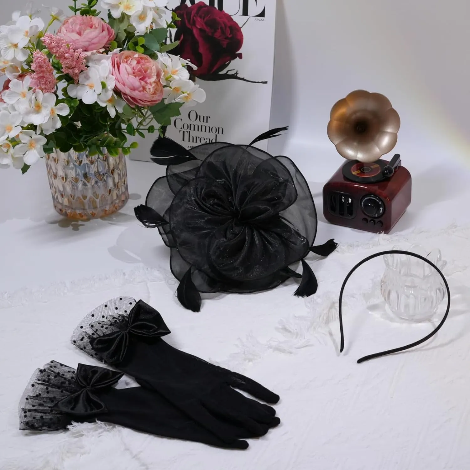 Fascinators Hat Flower Mesh Feathers Headband Derby Hat Clip Tea Party Headwear and Lace Gloves with Bows for Women