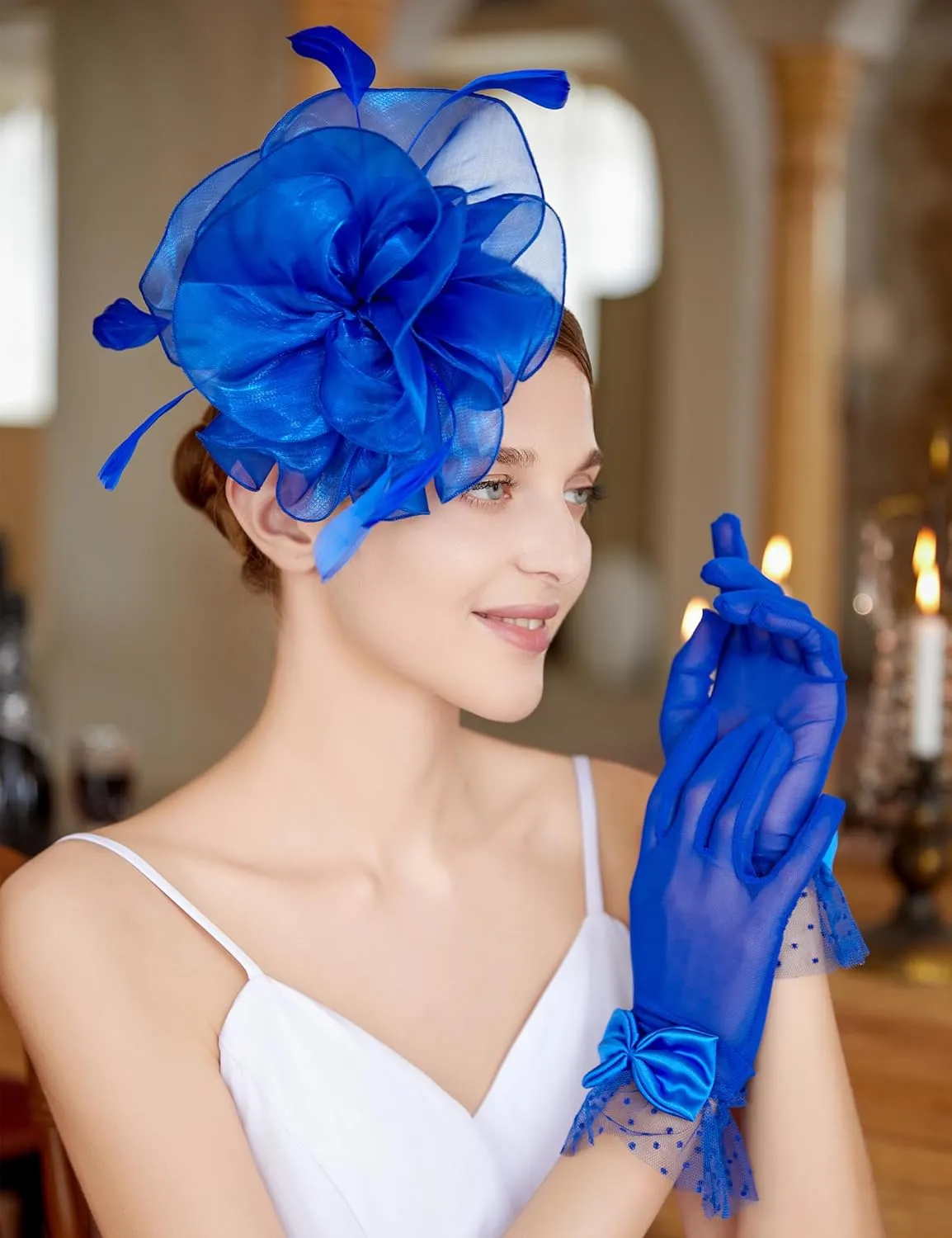 Fascinators Hat Flower Mesh Feathers Headband Derby Hat Clip Tea Party Headwear and Lace Gloves with Bows for Women