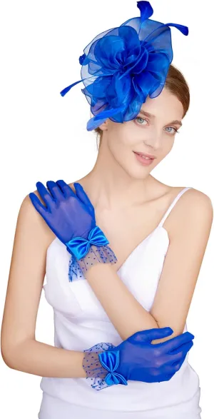 Fascinators Hat Flower Mesh Feathers Headband Derby Hat Clip Tea Party Headwear and Lace Gloves with Bows for Women