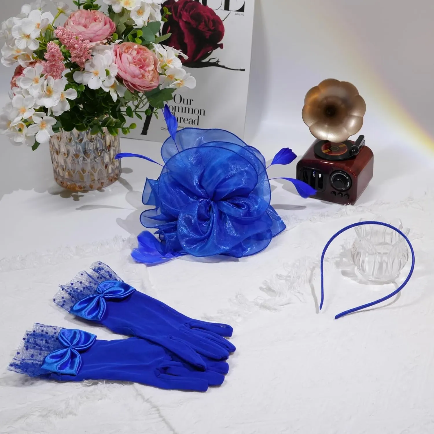Fascinators Hat Flower Mesh Feathers Headband Derby Hat Clip Tea Party Headwear and Lace Gloves with Bows for Women