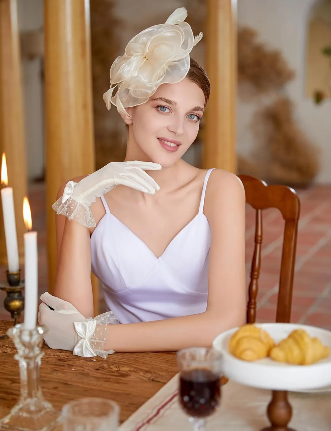 Fascinators Hat Flower Mesh Feathers Headband Derby Hat Clip Tea Party Headwear and Lace Gloves with Bows for Women