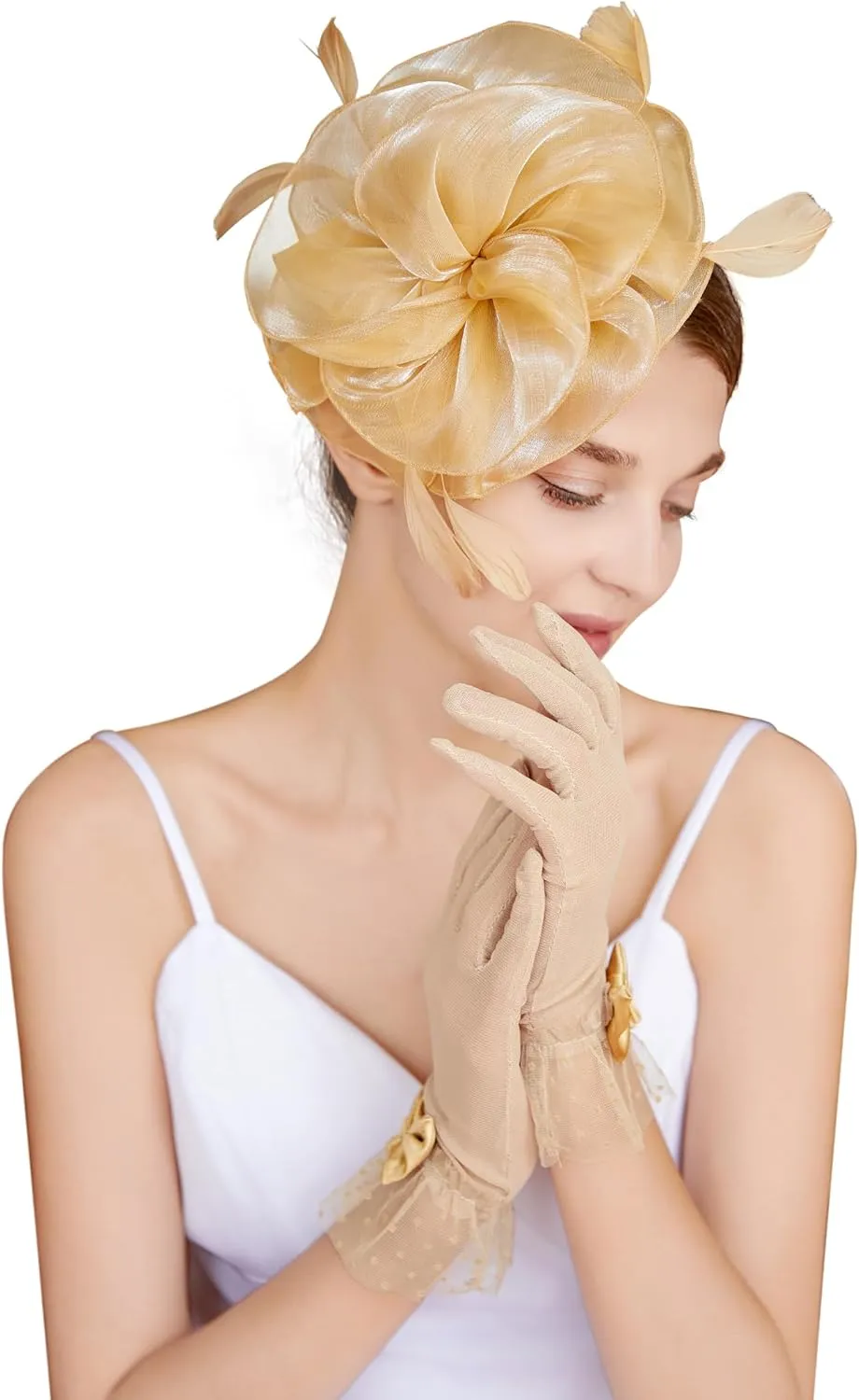 Fascinators Hat Flower Mesh Feathers Headband Derby Hat Clip Tea Party Headwear and Lace Gloves with Bows for Women