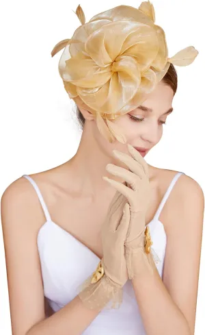 Fascinators Hat Flower Mesh Feathers Headband Derby Hat Clip Tea Party Headwear and Lace Gloves with Bows for Women