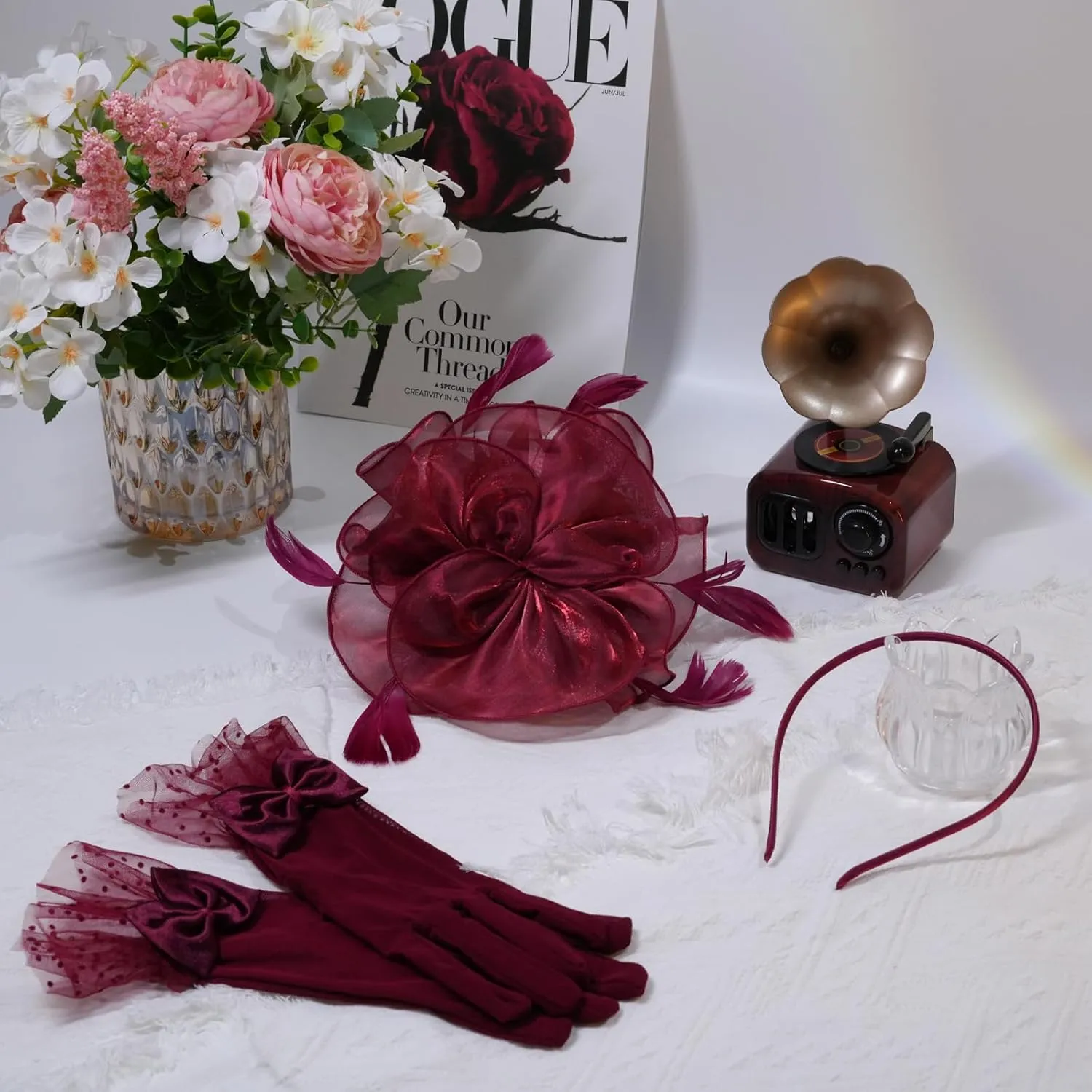 Fascinators Hat Flower Mesh Feathers Headband Derby Hat Clip Tea Party Headwear and Lace Gloves with Bows for Women
