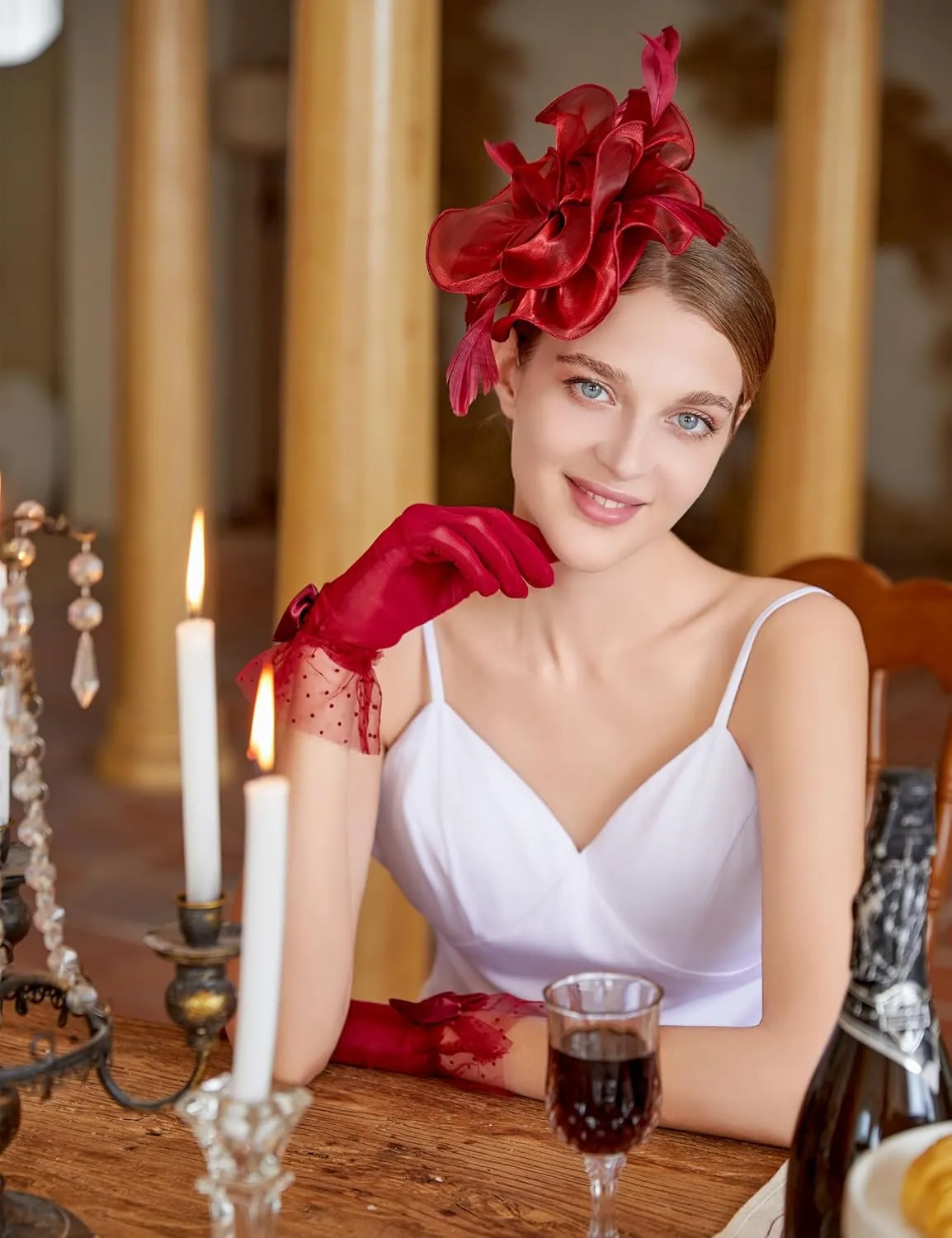 Fascinators Hat Flower Mesh Feathers Headband Derby Hat Clip Tea Party Headwear and Lace Gloves with Bows for Women