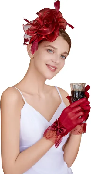 Fascinators Hat Flower Mesh Feathers Headband Derby Hat Clip Tea Party Headwear and Lace Gloves with Bows for Women