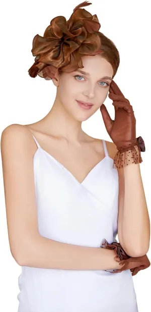Fascinators Hat Flower Mesh Feathers Headband Derby Hat Clip Tea Party Headwear and Lace Gloves with Bows for Women