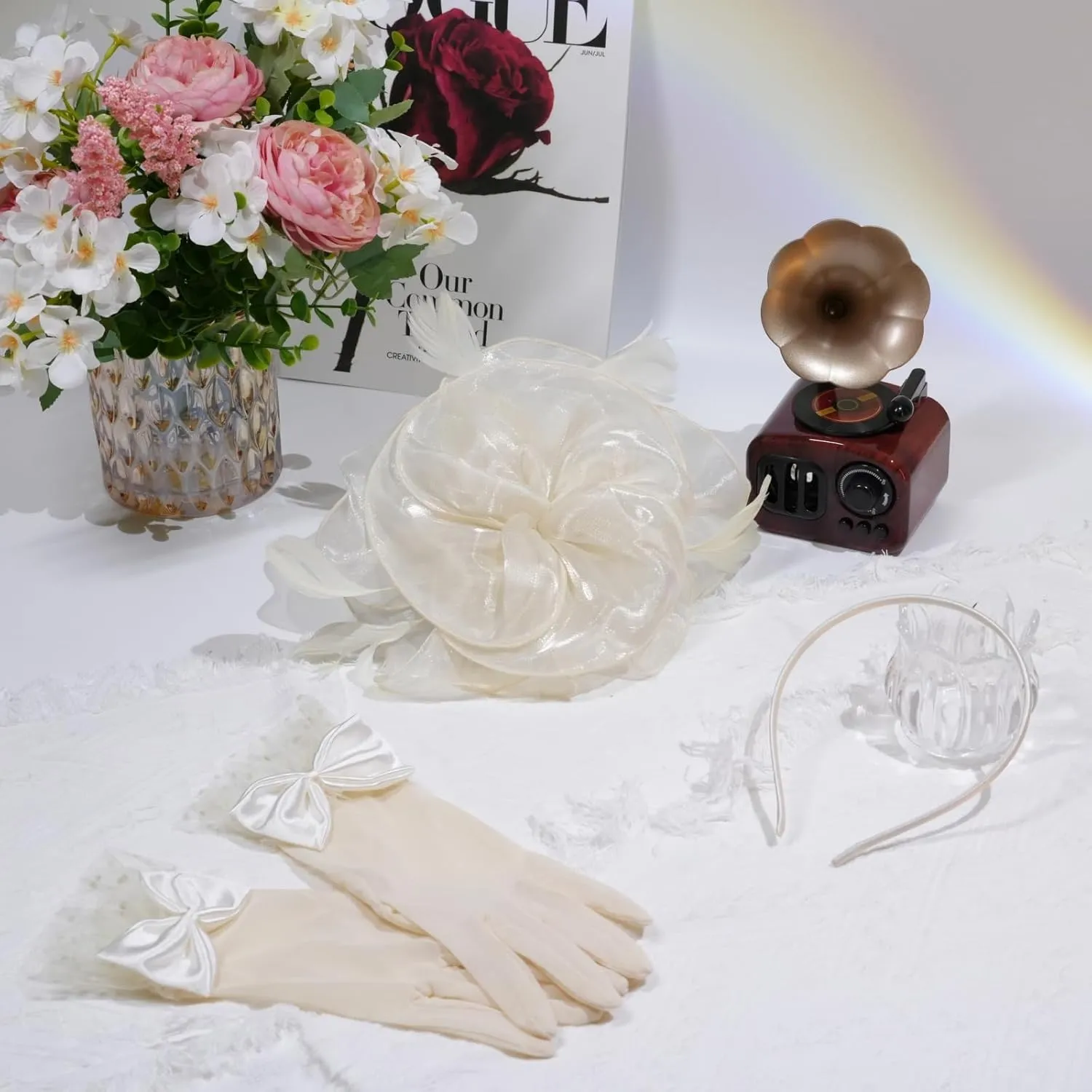 Fascinators Hat Flower Mesh Feathers Headband Derby Hat Clip Tea Party Headwear and Lace Gloves with Bows for Women