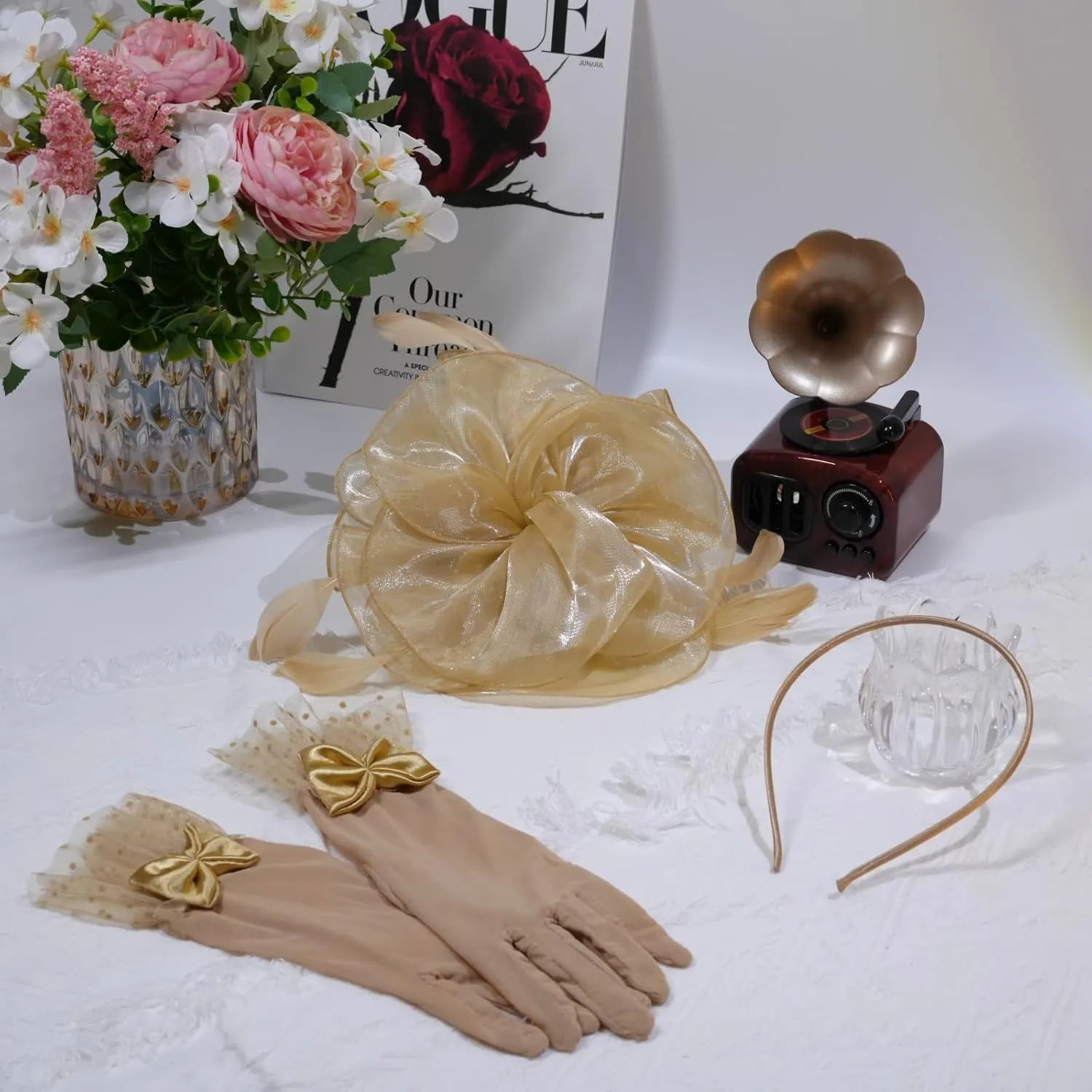 Fascinators Hat Flower Mesh Feathers Headband Derby Hat Clip Tea Party Headwear and Lace Gloves with Bows for Women