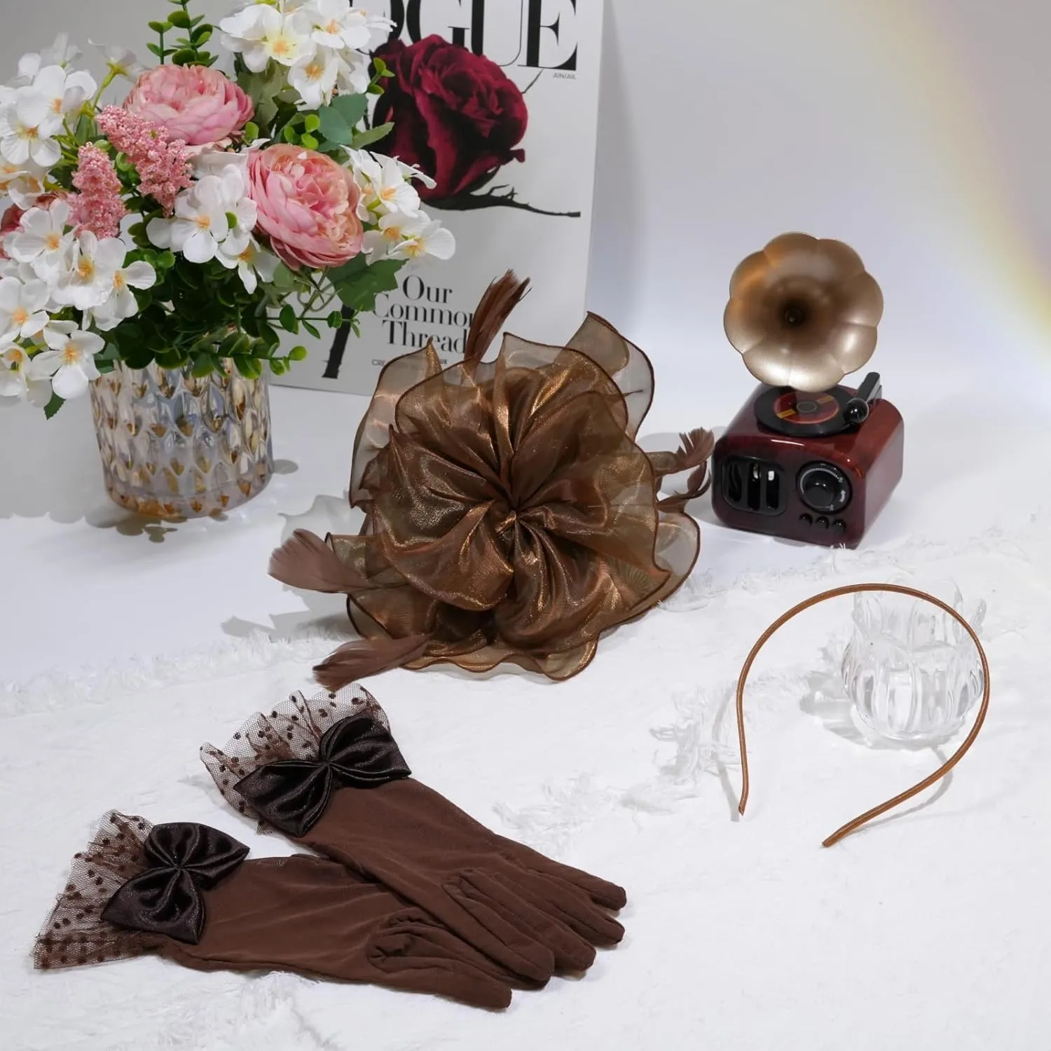 Fascinators Hat Flower Mesh Feathers Headband Derby Hat Clip Tea Party Headwear and Lace Gloves with Bows for Women