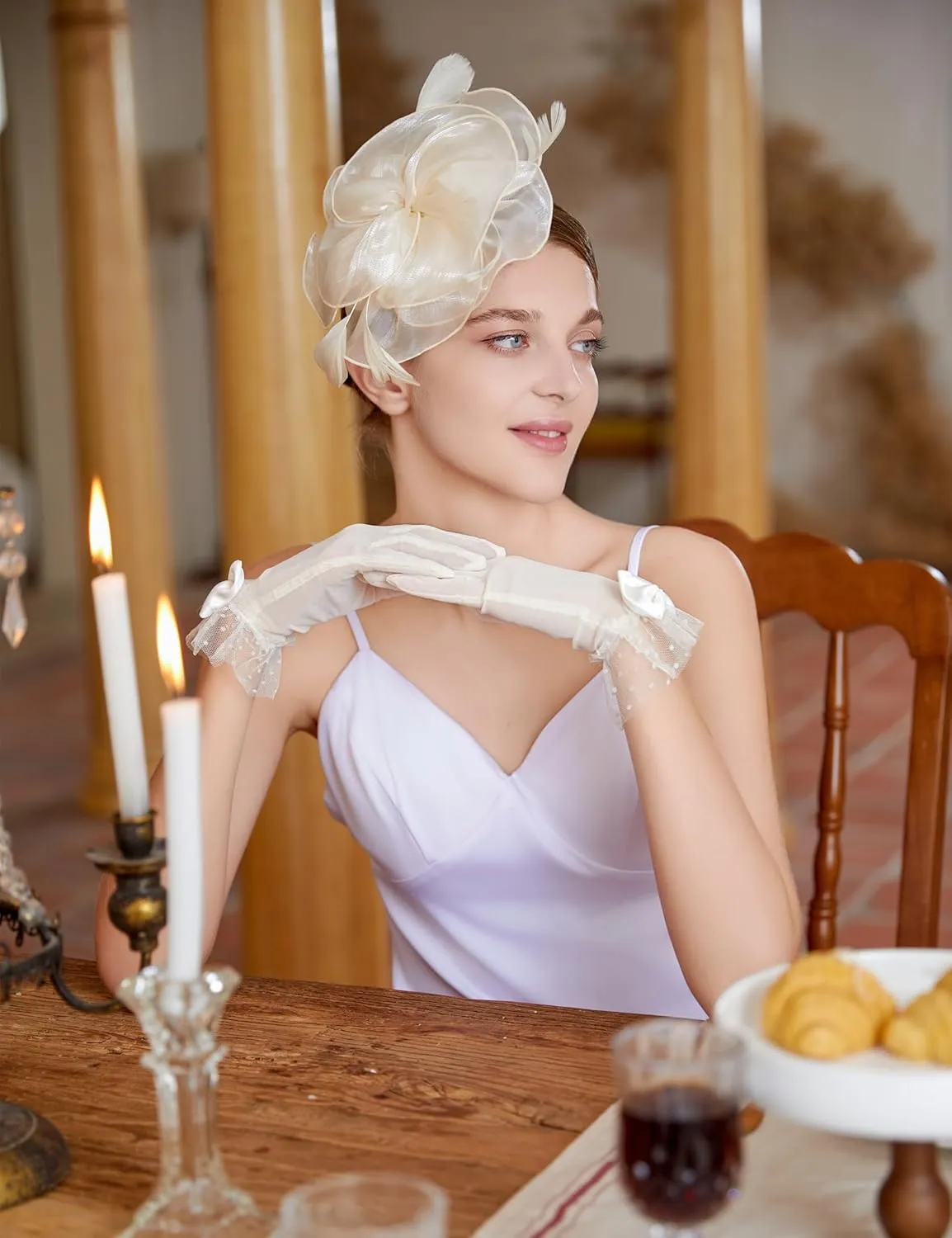 Fascinators Hat Flower Mesh Feathers Headband Derby Hat Clip Tea Party Headwear and Lace Gloves with Bows for Women