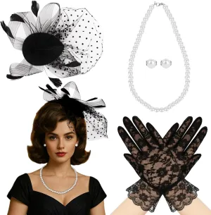Fascinators Hat for Women 4 Pcs Veil Tea Party Hat Set with Black Lace Gloves Pearl Necklace Earrings for Cocktail Wedding Funeral