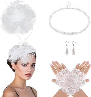 Fascinators Hat for Women Tea Party Veil Mesh Headband Feather Hat Half Lace Gloves Pearl Jewelry Set