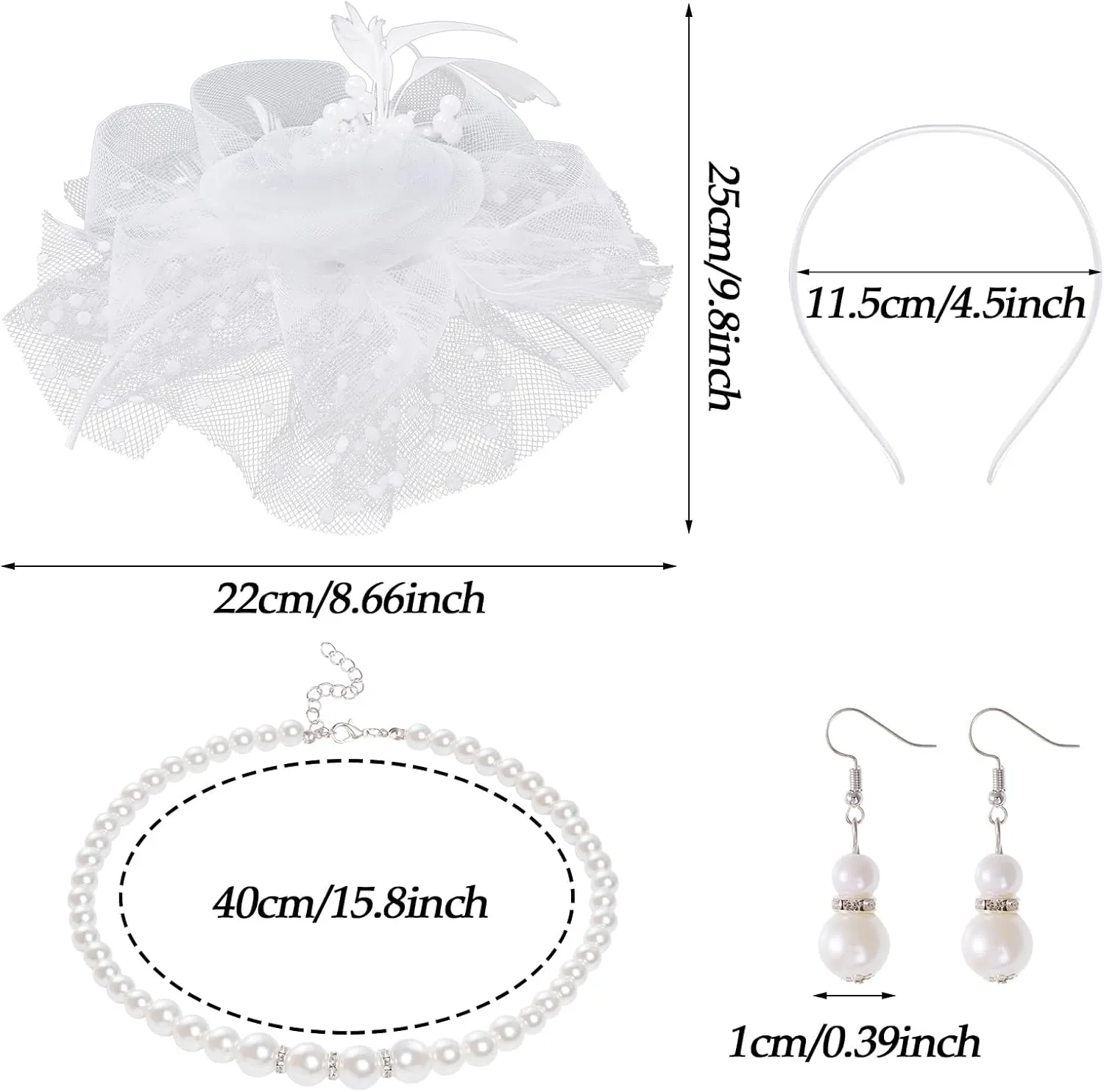 Fascinators Hat for Women Tea Party Veil Mesh Headband Feather Hat Half Lace Gloves Pearl Jewelry Set