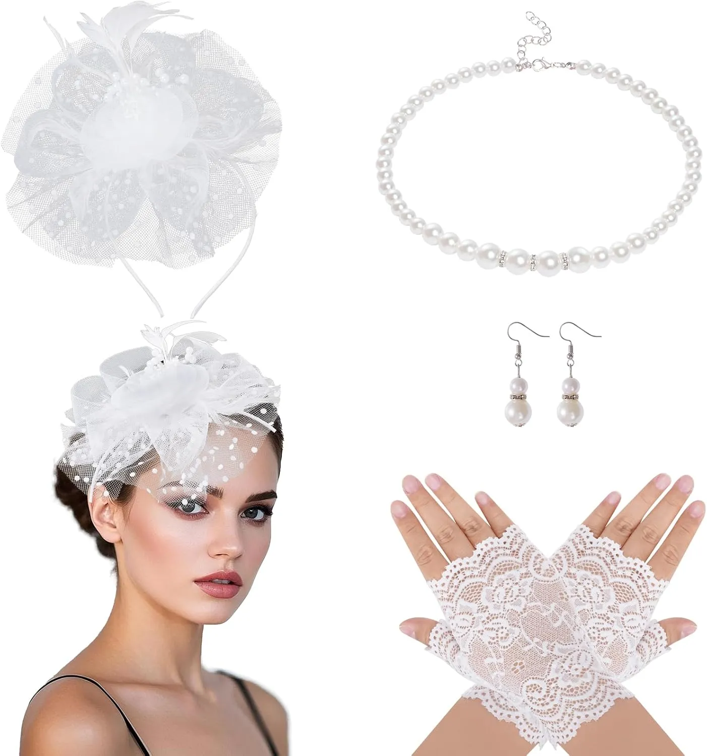 Fascinators Hat for Women Tea Party Veil Mesh Headband Feather Hat Half Lace Gloves Pearl Jewelry Set
